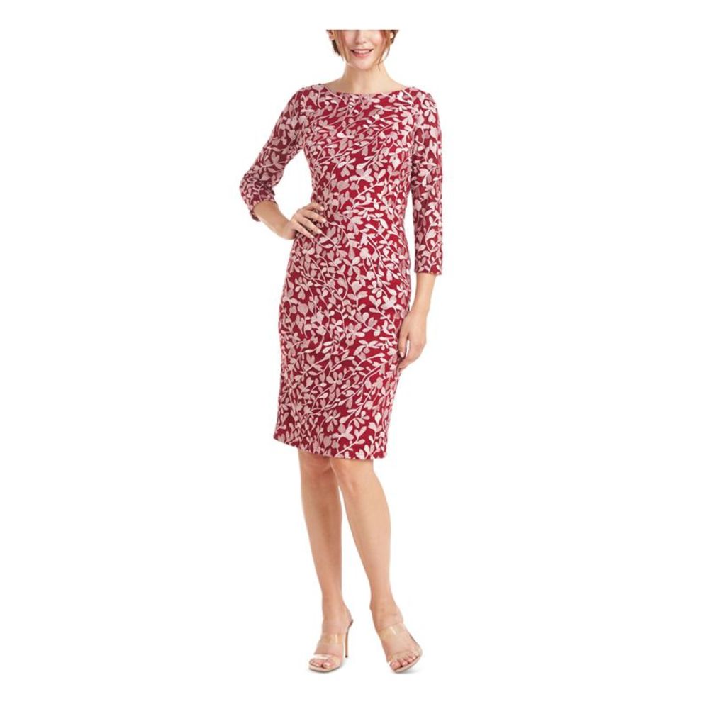 JS COLLECTION Womens Burgundy Mesh Lined Fitted 3/4 Sleeve Sheath Dress 4